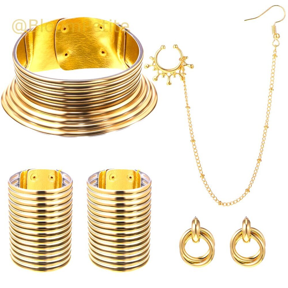 Alloy Jewelry Set with Choker Bracelet Earrings Nose Ring Hoop Chain
